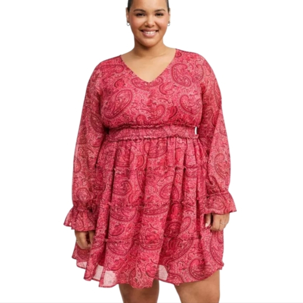 Torrid Ruffled Mini Dress Pink Paisley Print Long Sleeve Casual Party Cute 3X